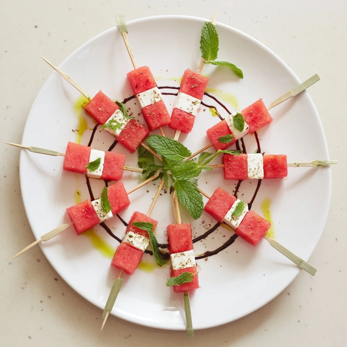 Watermelon Feta And Mint Skewers served on platter, fragrant mint, creamy feta.