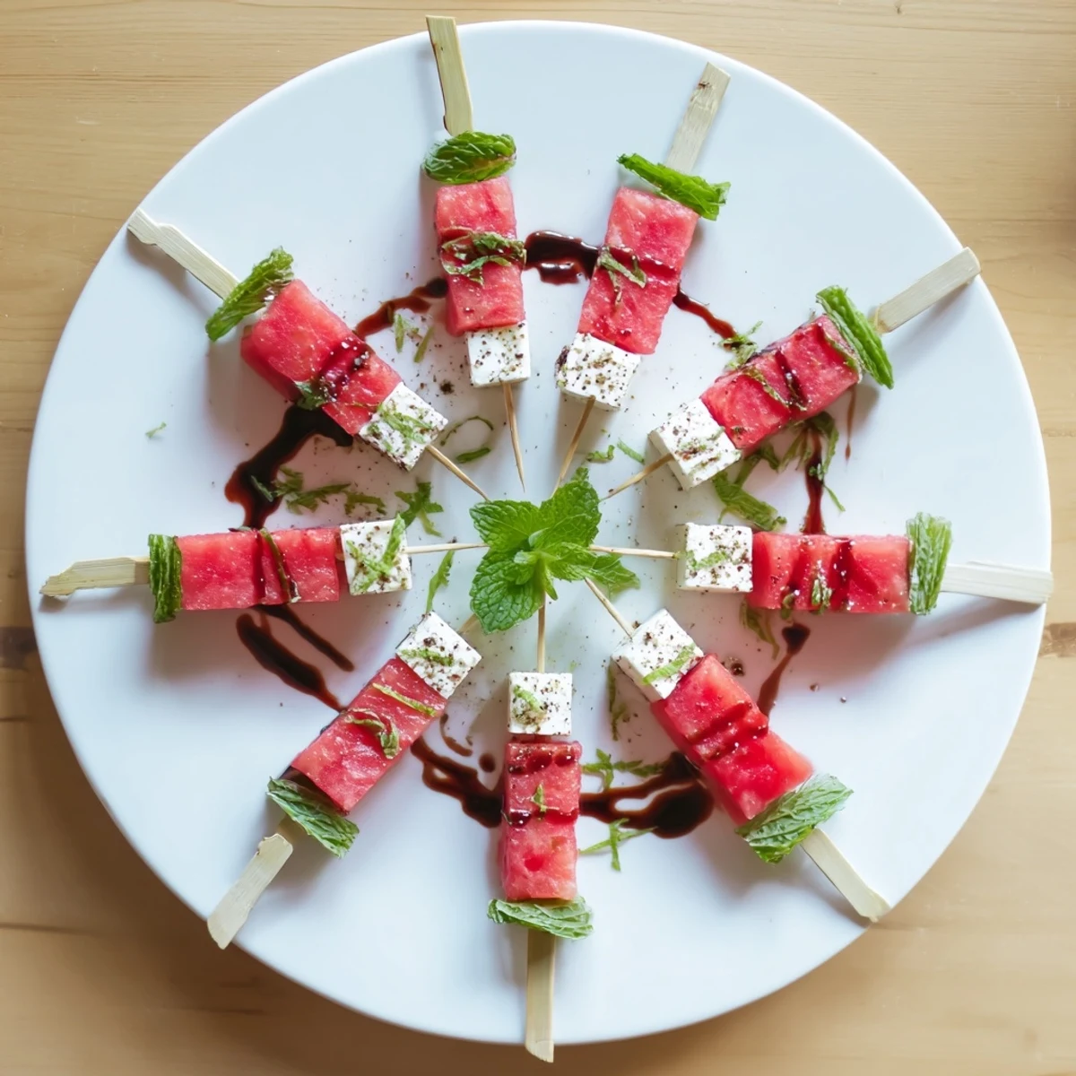 Watermelon Feta And Mint Skewers on bamboo picks, drizzled balsamic glaze.