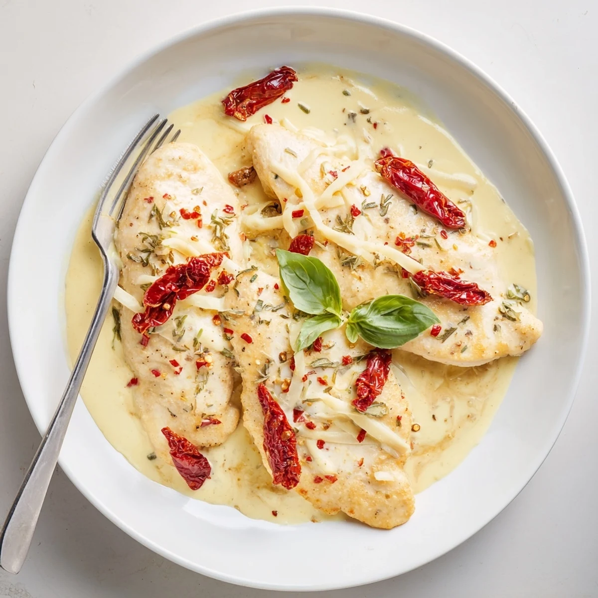 Marry Me Chicken in creamy sun-dried tomato sauce, served over pasta