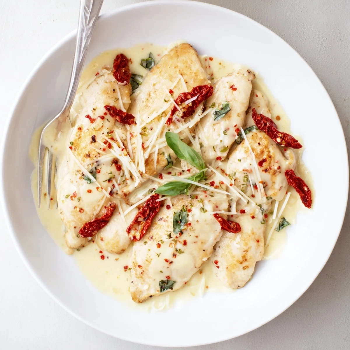 Golden seared Marry Me Chicken nestling in skillet, fragrant garlic and basil