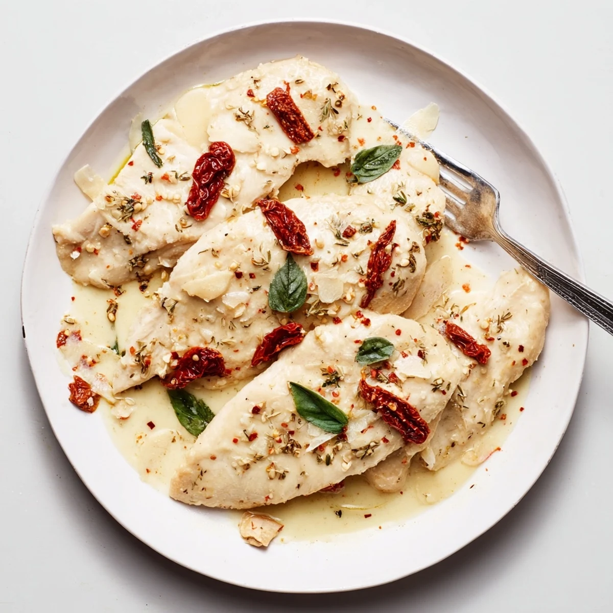 Creamy Parmesan Marry Me Chicken with sun-dried tomatoes, crusty bread for dipping
