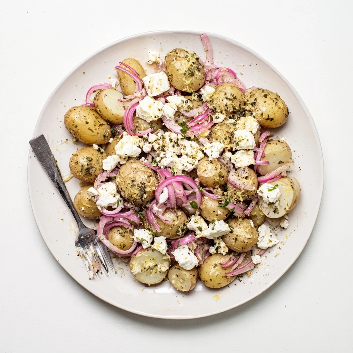 Plate of Baked Feta Potatoes steaming, lemon zest brightening, olive oil drizzle.