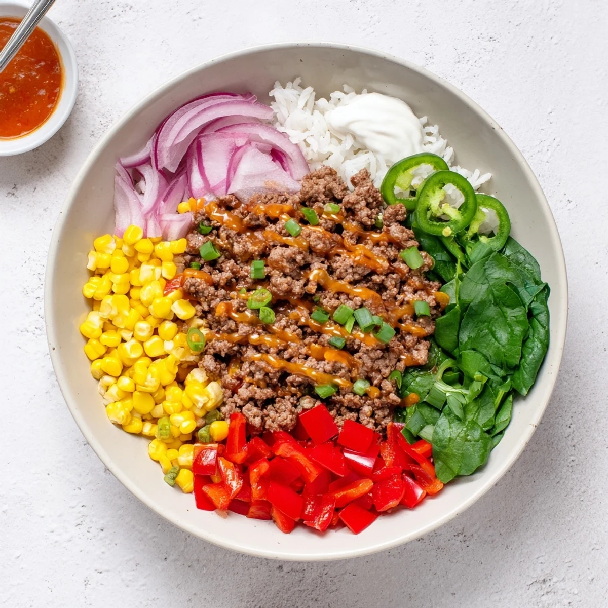 Viral Ground Beef Hot Honey Bowl with glossy spicy drizzle and fresh cilantro