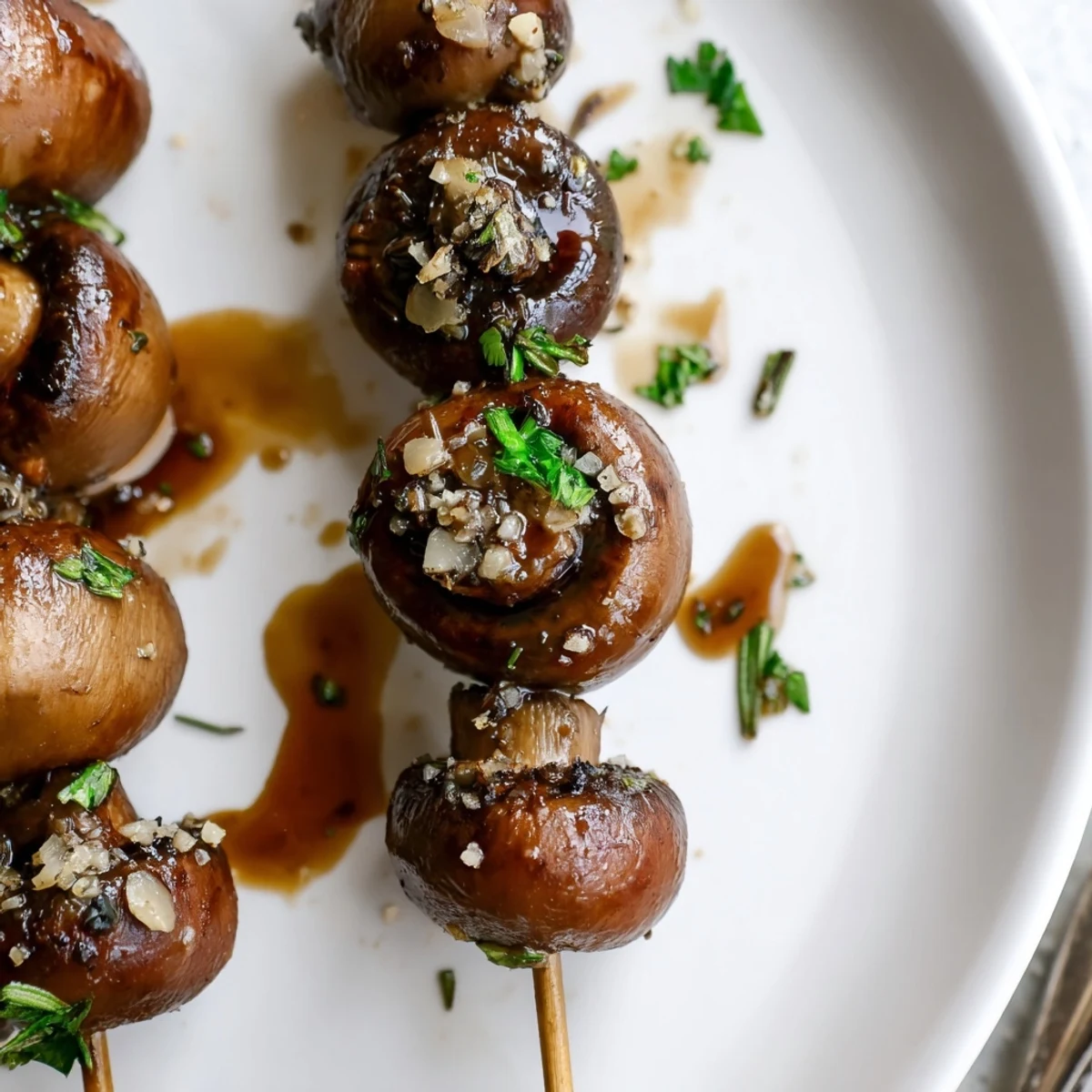 Plated Balsamic Garlic Grilled Mushroom Skewers drizzled with glaze and crusty bread