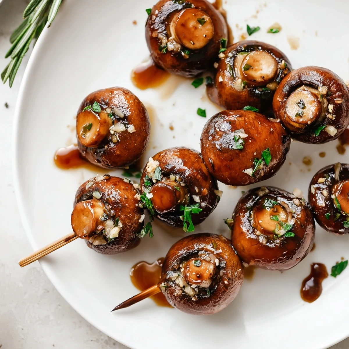 Smoky Balsamic Garlic Grilled Mushroom Skewers releasing garlicky aroma, ready to serve
