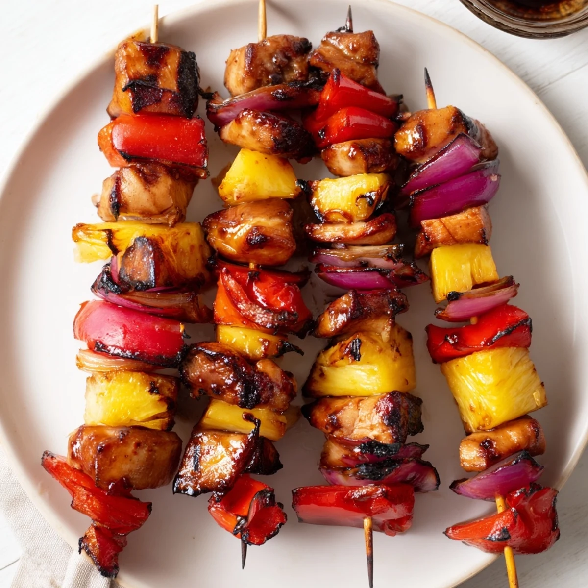 Skewered Hawaiian Turn Turn Chicken Kebabs resting on a bed of fluffy rice.