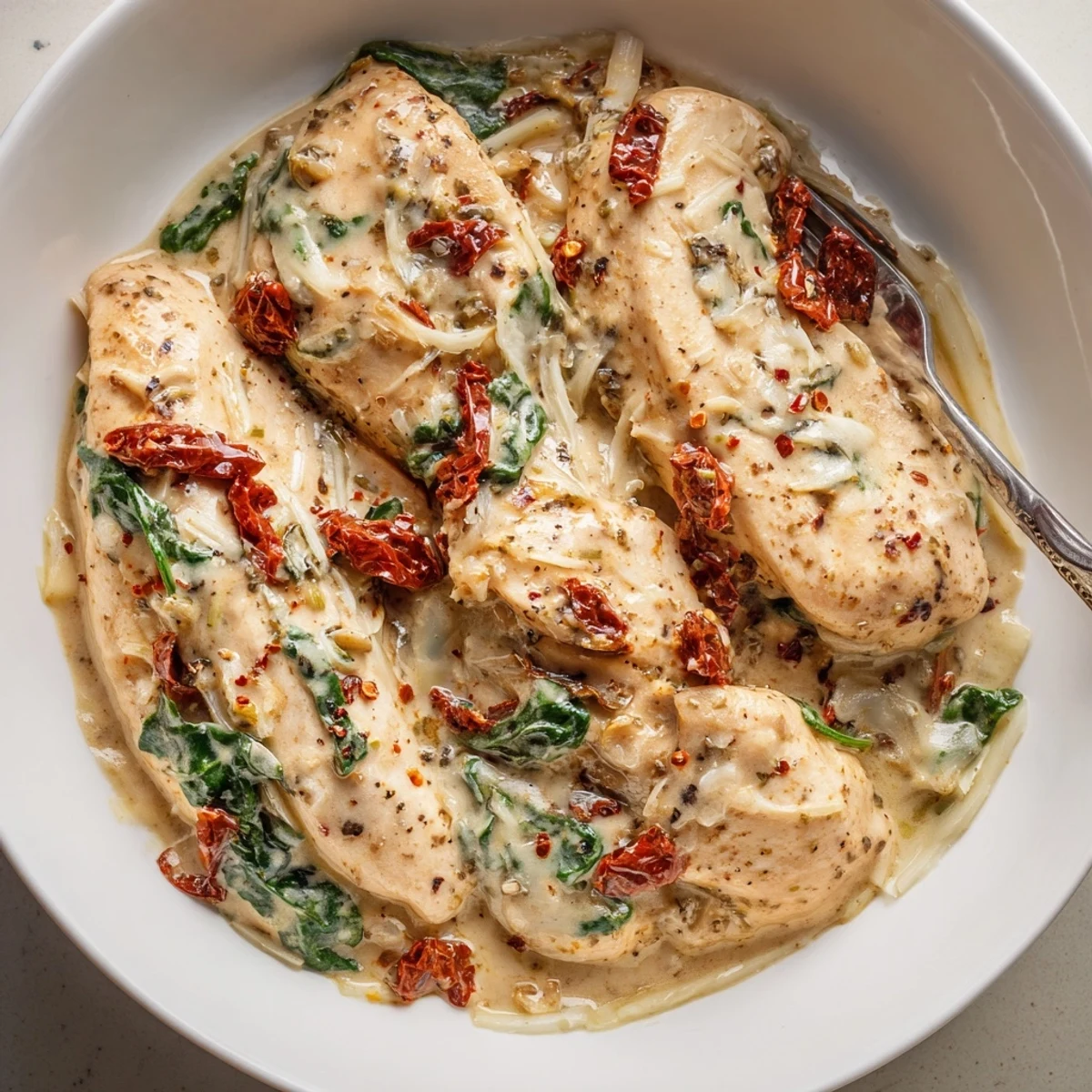 Hearty Slow Cooker Tuscan Chicken simmering with sun-dried tomatoes and garlic