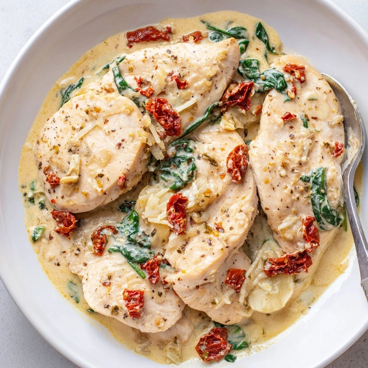 Slow Cooker Tuscan Chicken in silky parmesan sauce, tender chicken with spinach