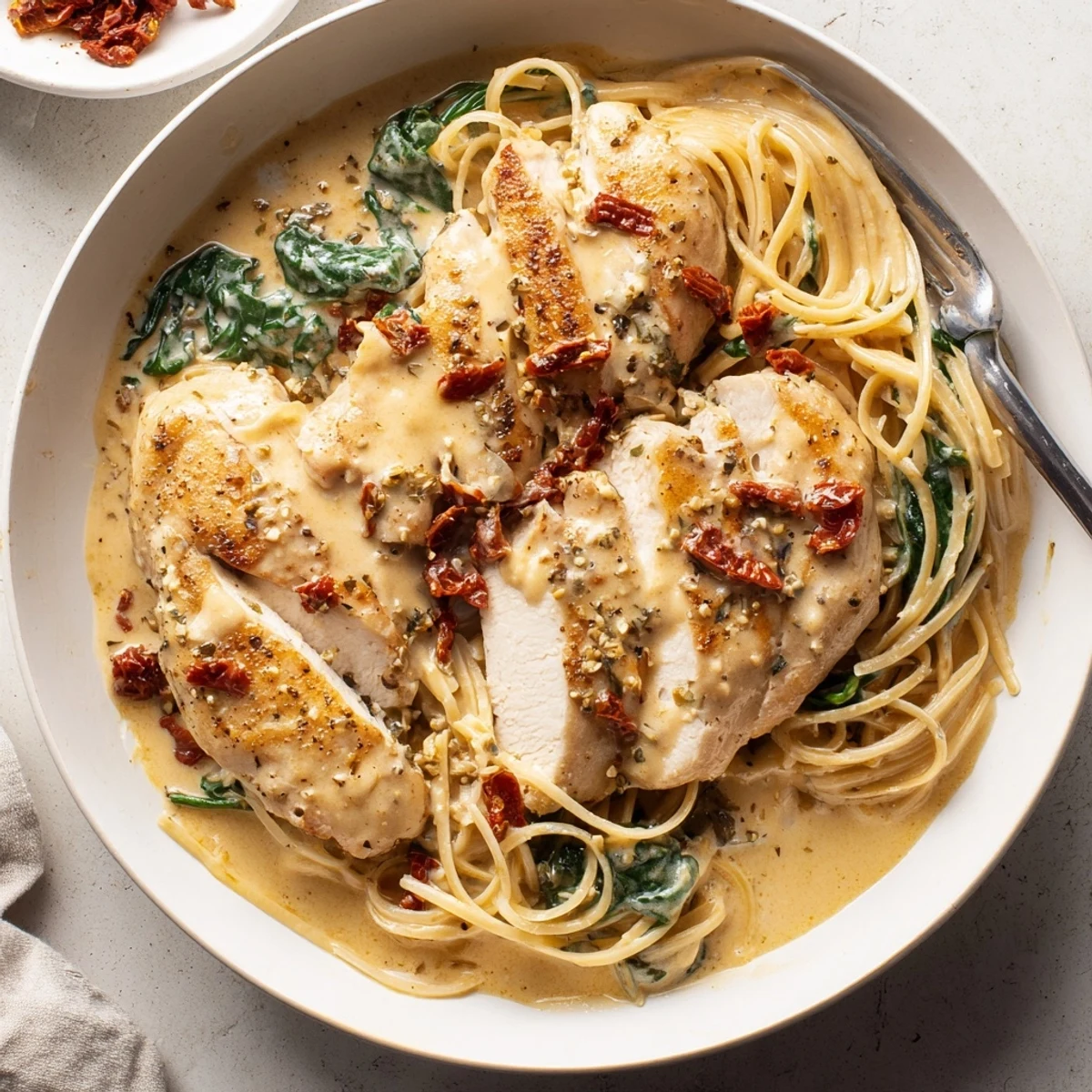 Plate of Slow Cooker Tuscan Chicken served over pasta, creamy sauce garnished with parmesan
