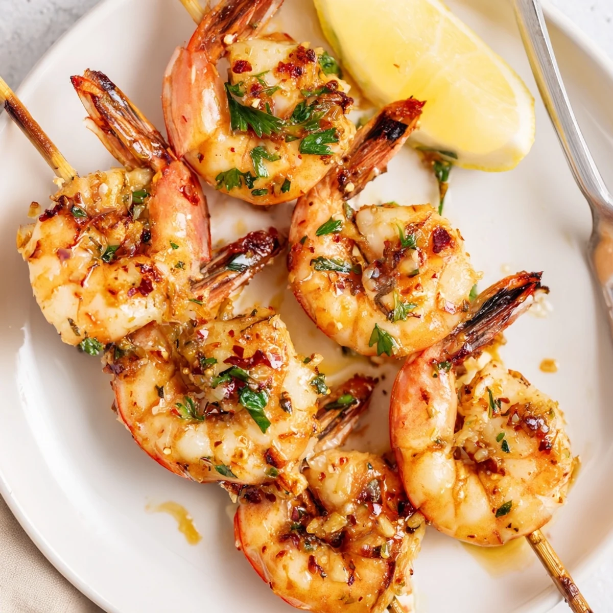 Marinated Grilled Shrimp sizzling on skewers, zesty lemon and parsley garnish