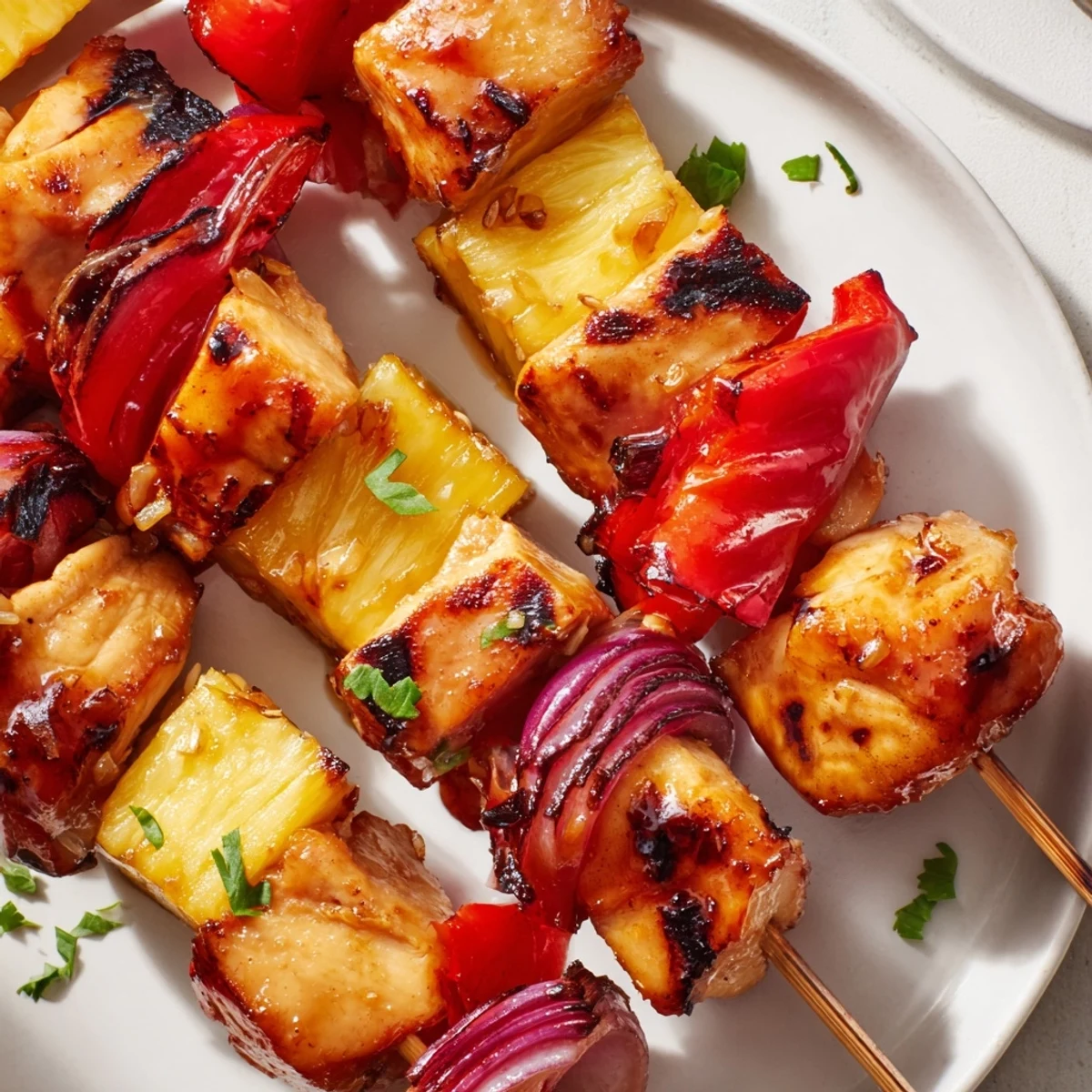 Grilled Pineapple Chicken Kabobs threaded with red pepper, onion, fresh cilantro
