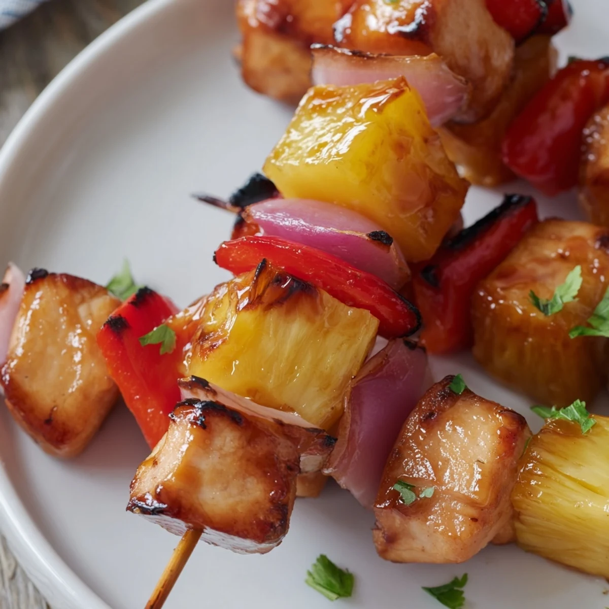 Skewered Pineapple Chicken Kabobs served hot over fluffy jasmine rice, lime wedge