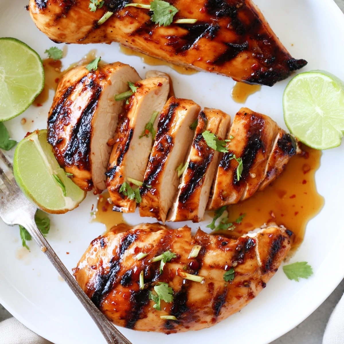 Grilled Spicy Honey Lime Chicken with charred edges, juicy glazed slices, cilantro garnish