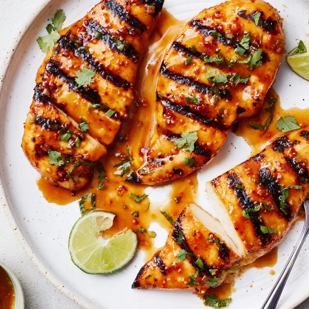Smoky-sweet Grilled Spicy Honey Lime Chicken sliced and served alongside grilled corn