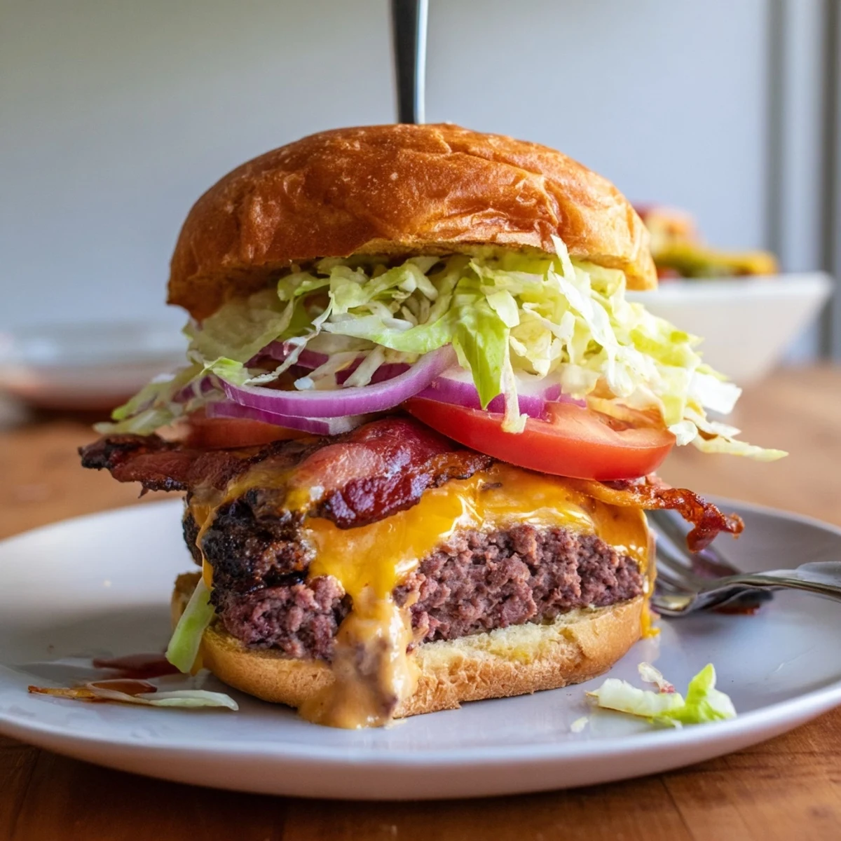 Irresistible Crack Burgers with melty cheddar, crispy bacon, toasted brioche bun  