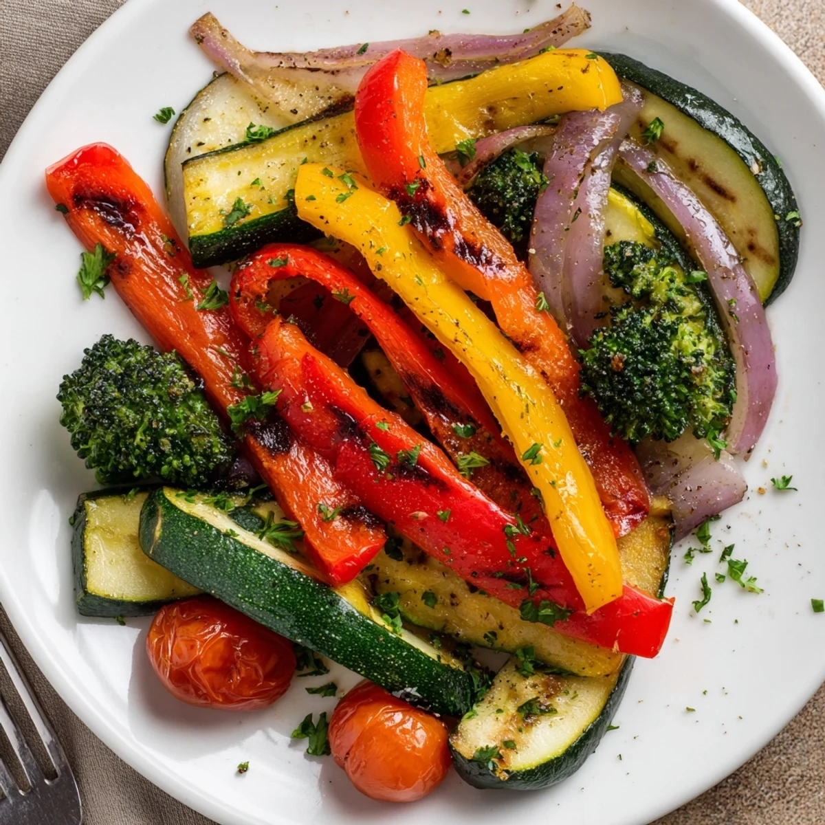 Bright Garlic Infused Olive Oil Sauteed Veggies with blistered tomatoes, aromatic garlic scent.