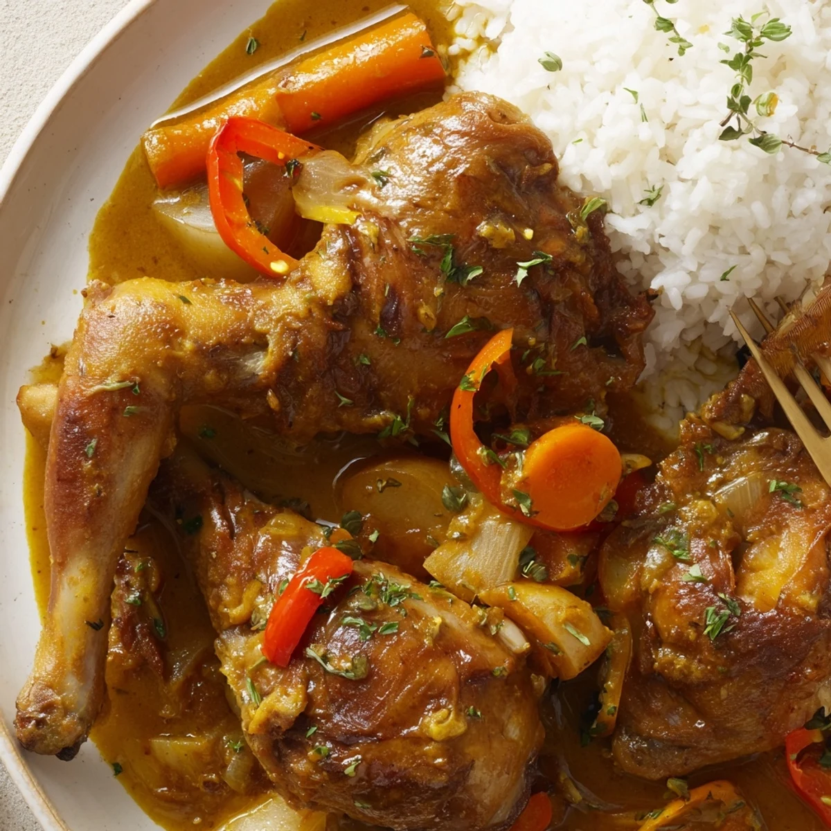 Irresistibly Tender Jamaican Curry Chicken simmering in aromatic coconut gravy, served with rice