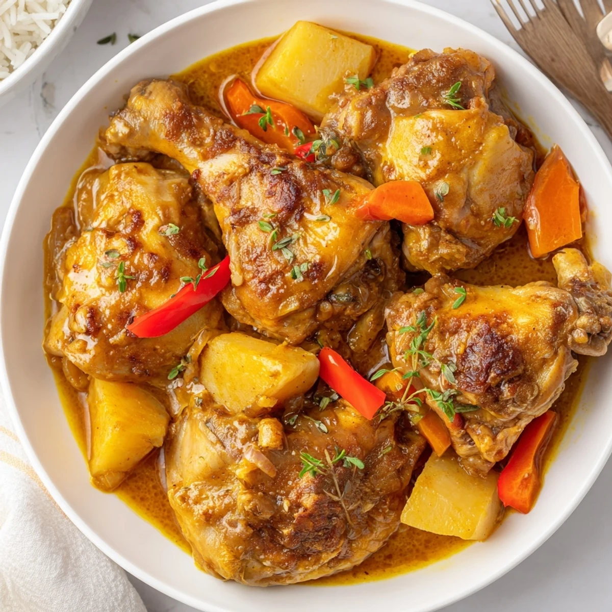 Irresistibly Tender Jamaican Curry Chicken with golden potatoes and fragrant thyme, steaming