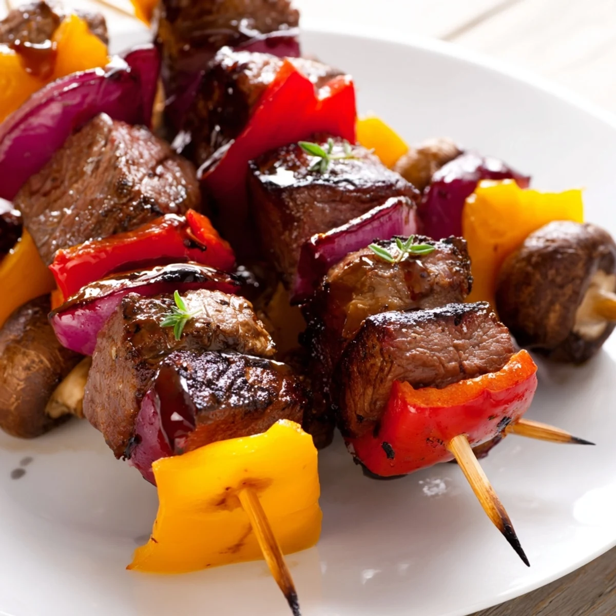 Juicy Steak Kebabs With Savory Marinade For Summer Grilling smoky, served with lemon wedge.