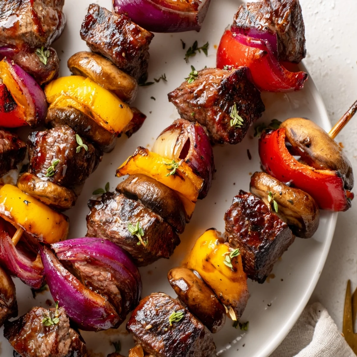 Juicy Steak Kebabs With Savory Marinade For Summer Grilling glistening, charred peppers and onions.
