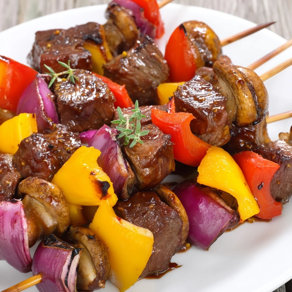 Juicy Steak Kebabs With Savory Marinade For Summer Grilling resting five minutes, juices pooling.