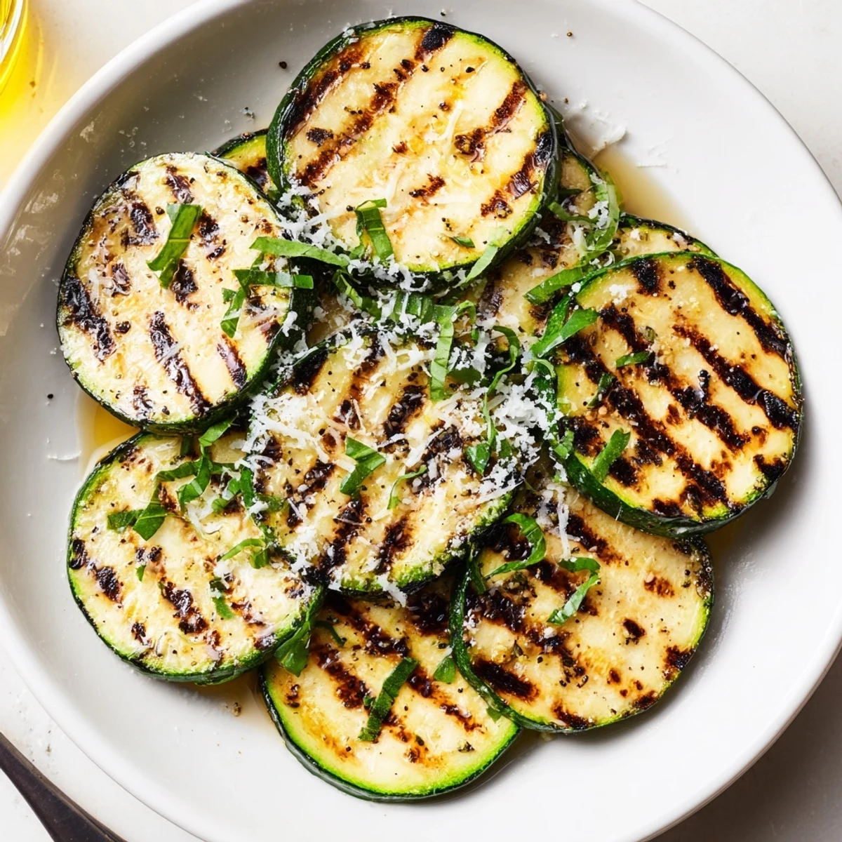 Bronzed grill marks, melting cheese on Crispy Grilled Zucchini With Parmesan And Fresh Herbs