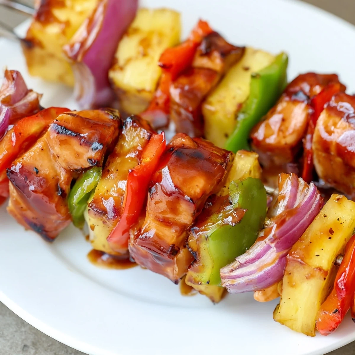 Bbq Pineapple Chicken Kabobs sizzling on grill with charred pineapple and peppers