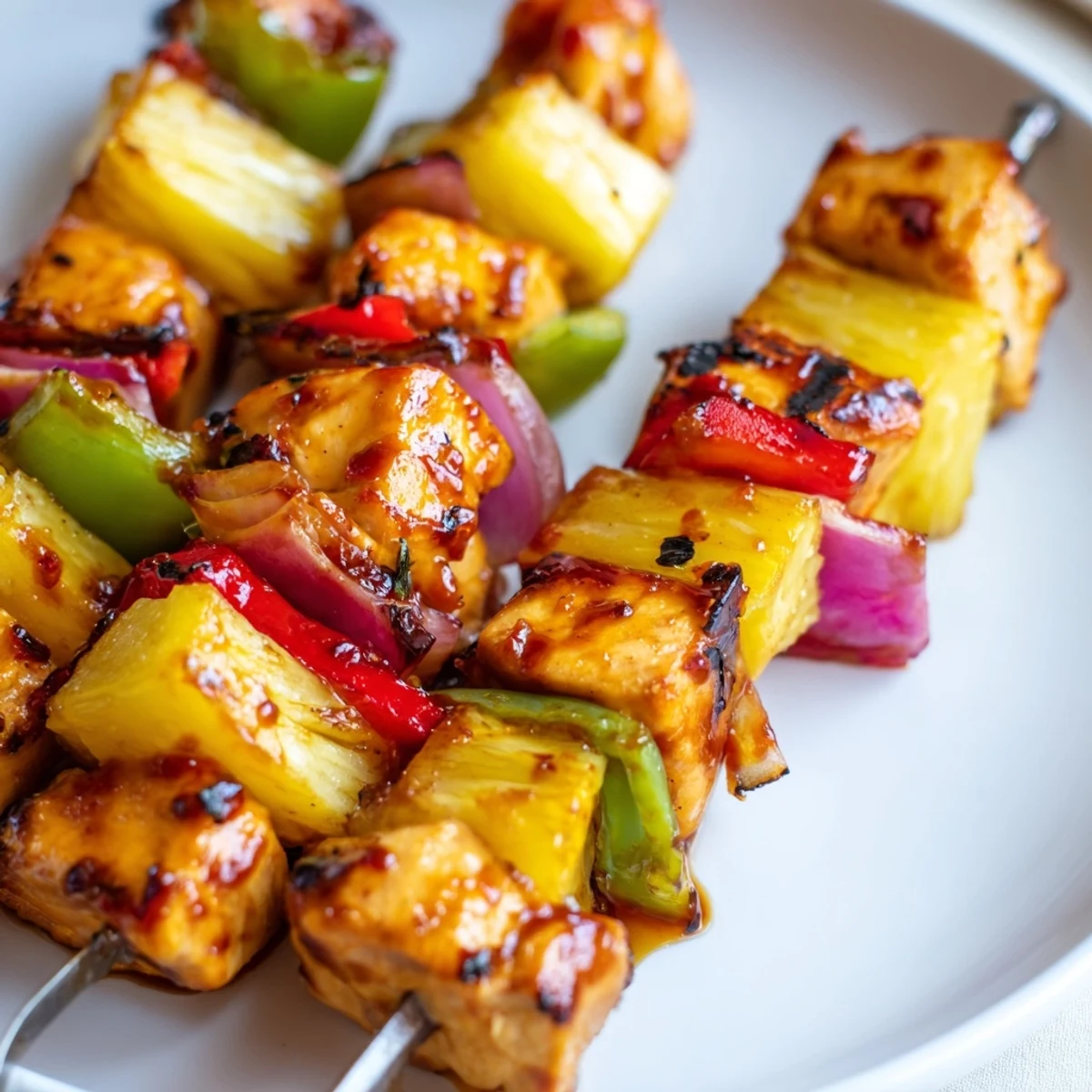 Grilled Bbq Pineapple Chicken Kabobs glazed with smoky sauce, juicy tender bites