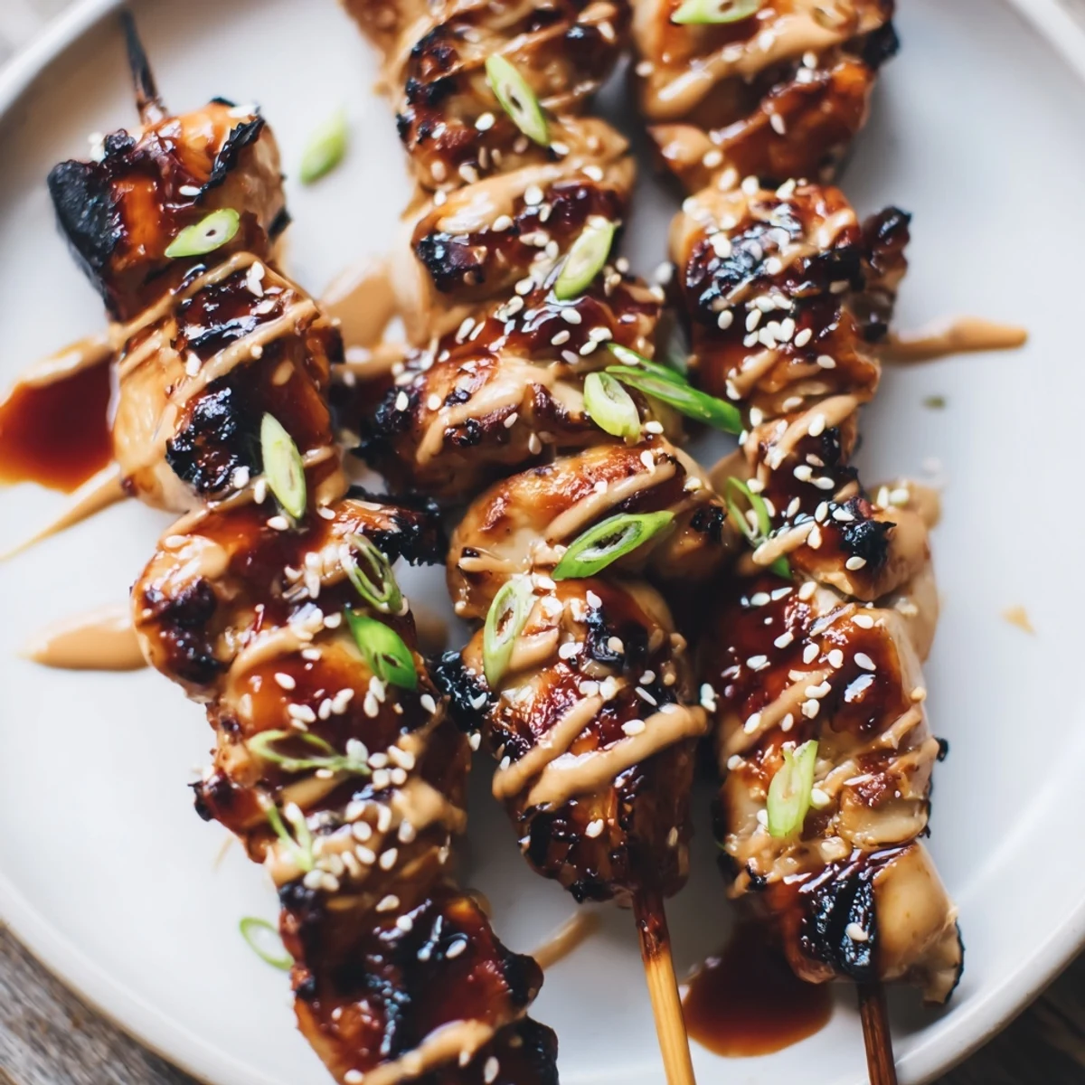 Grilled Bang Bang Chicken Skewers stacked on platter, sesame seeds and scallions