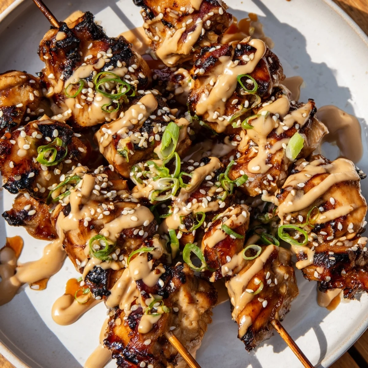 Bang Bang Chicken Skewers glistening with creamy spicy sauce, charred and fragrant