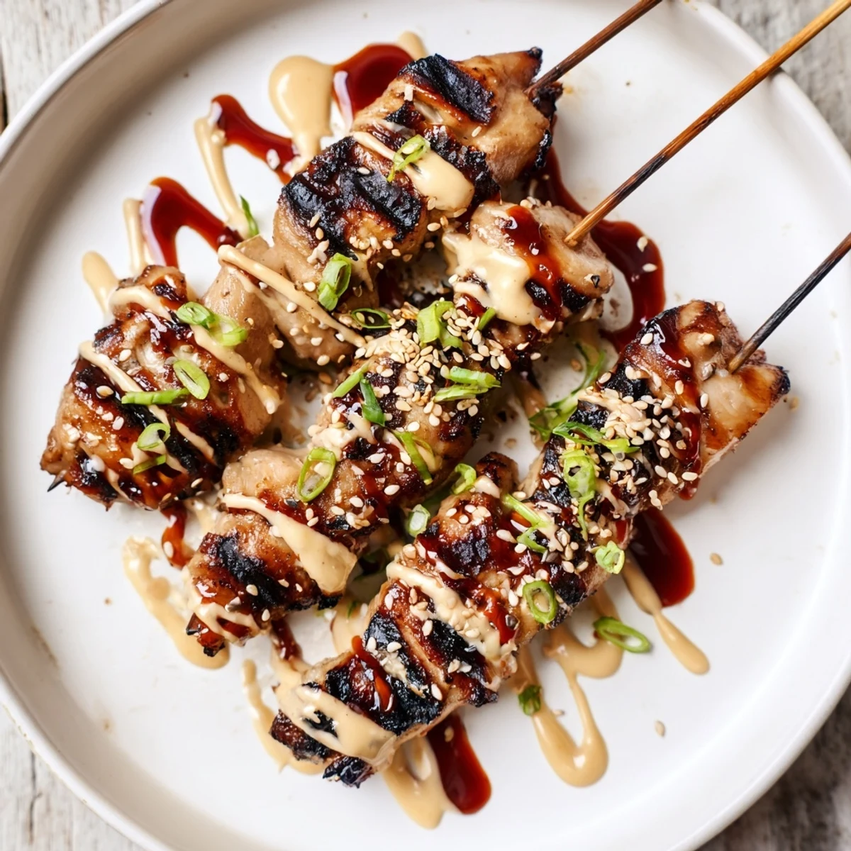 Weeknight ready Bang Bang Chicken Skewers plated with dipping sauce, smoky, tangy