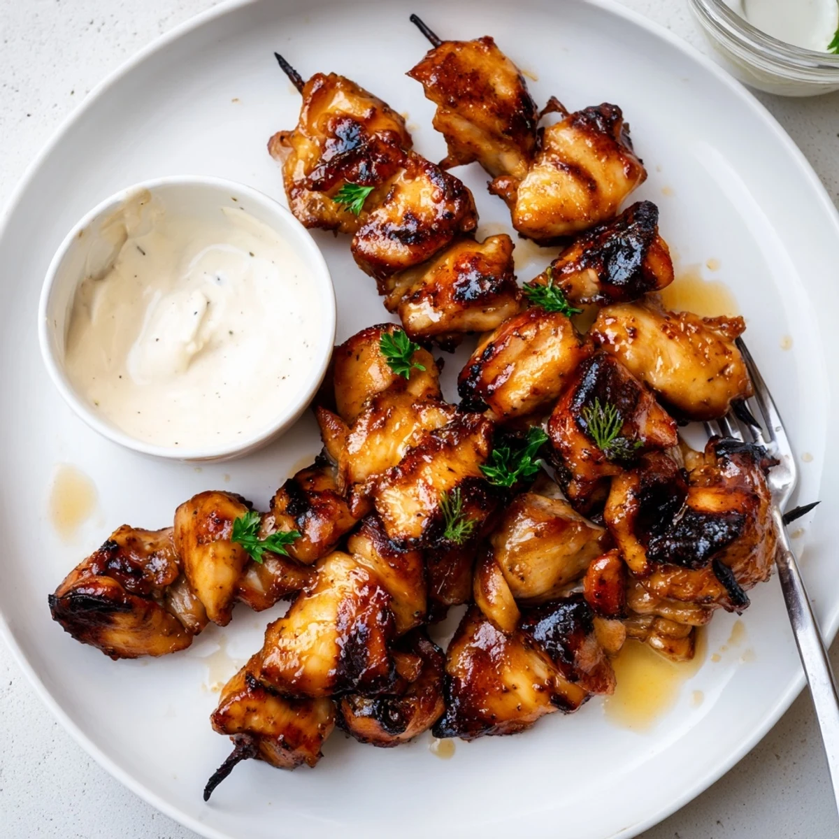 Plated Grilled Chicken Bites With Creamy Garlic Sauce, ready for dipping