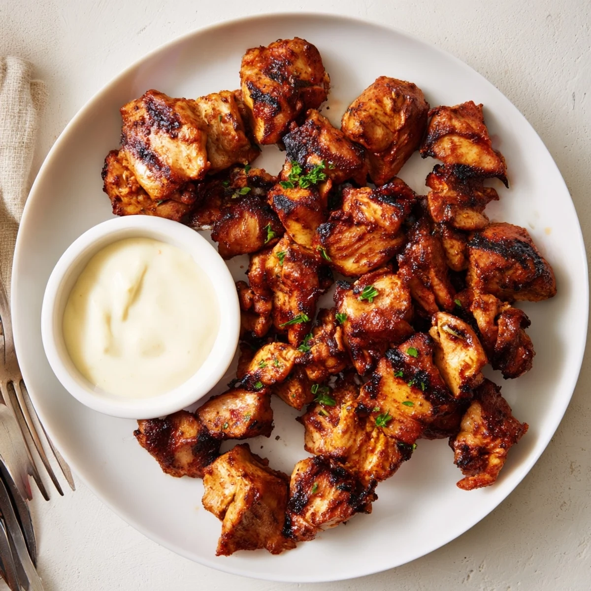 Grilled Chicken Bites With Creamy Garlic Sauce, smoky char and tangy lemon