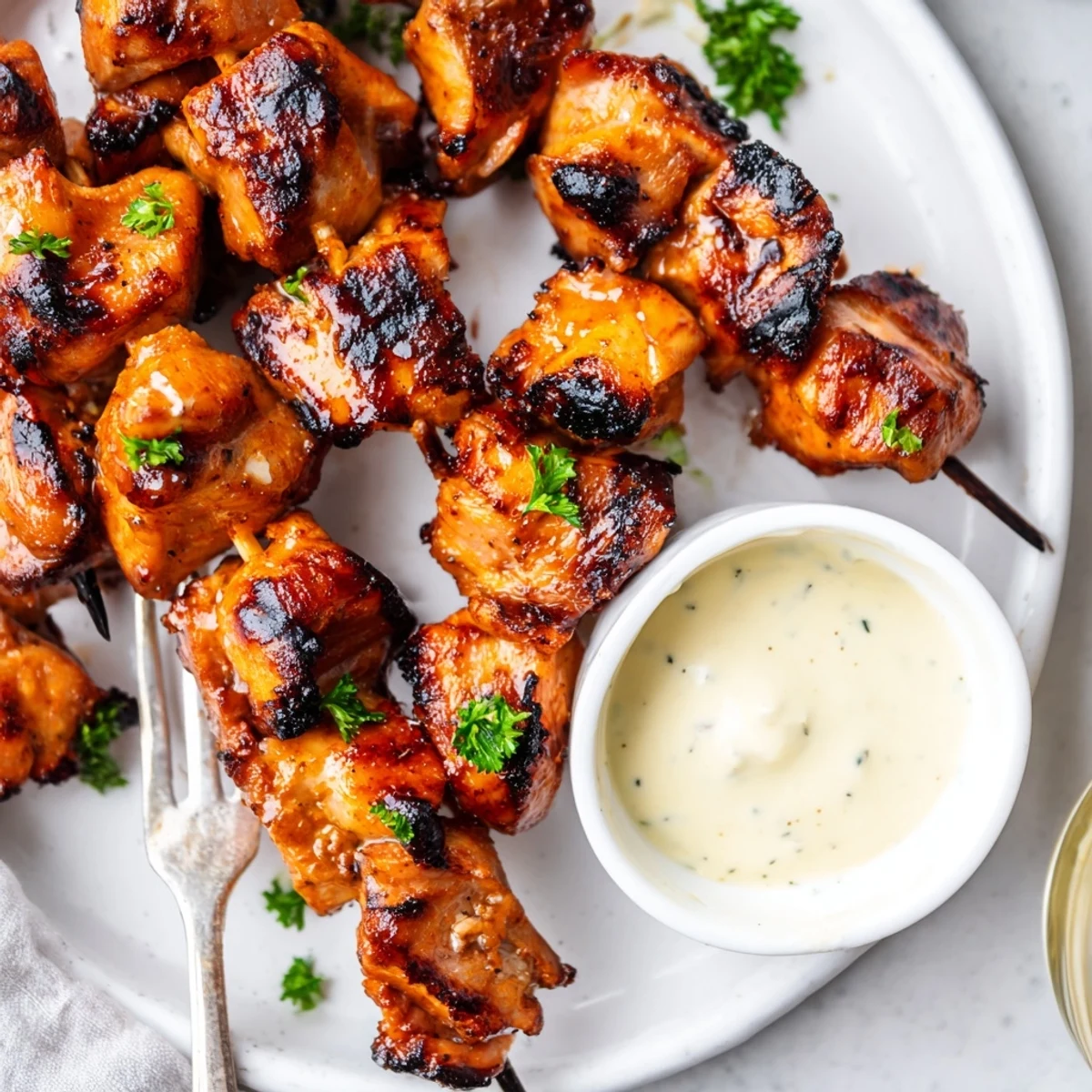 Close-up of skewers with Grilled Chicken Bites With Creamy Garlic Sauce, velvety dip