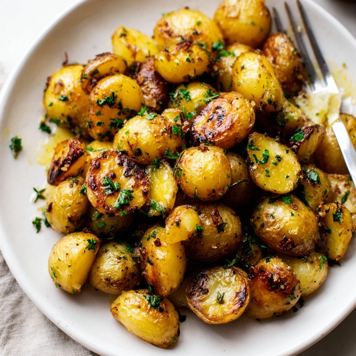 Close up of Herb Seasoned Grilled Potatoes In Foil, charred edges, olive oil shine.