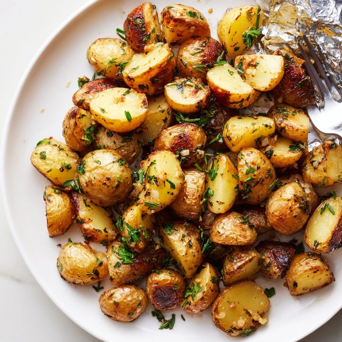 Herb Seasoned Grilled Potatoes In Foil steaming, golden bites with garlic and herb aroma.