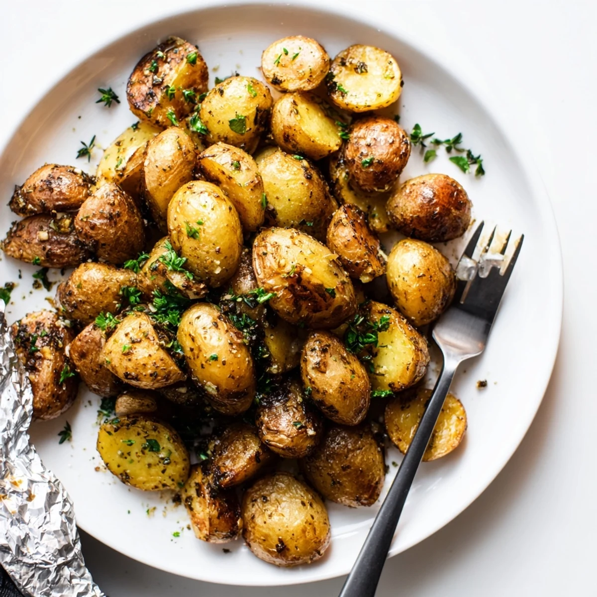 Family style Herb Seasoned Grilled Potatoes In Foil served hot with parsley garnish.
