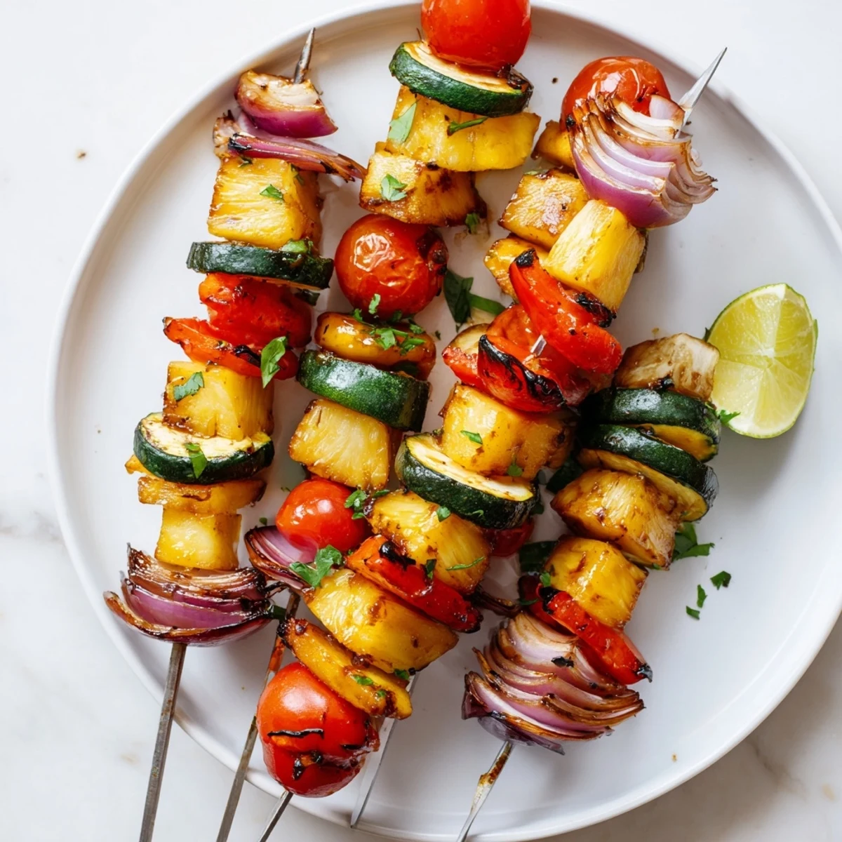 Bright Pineapple Vegetable Skewers glistening with charred edges, served with lime.
