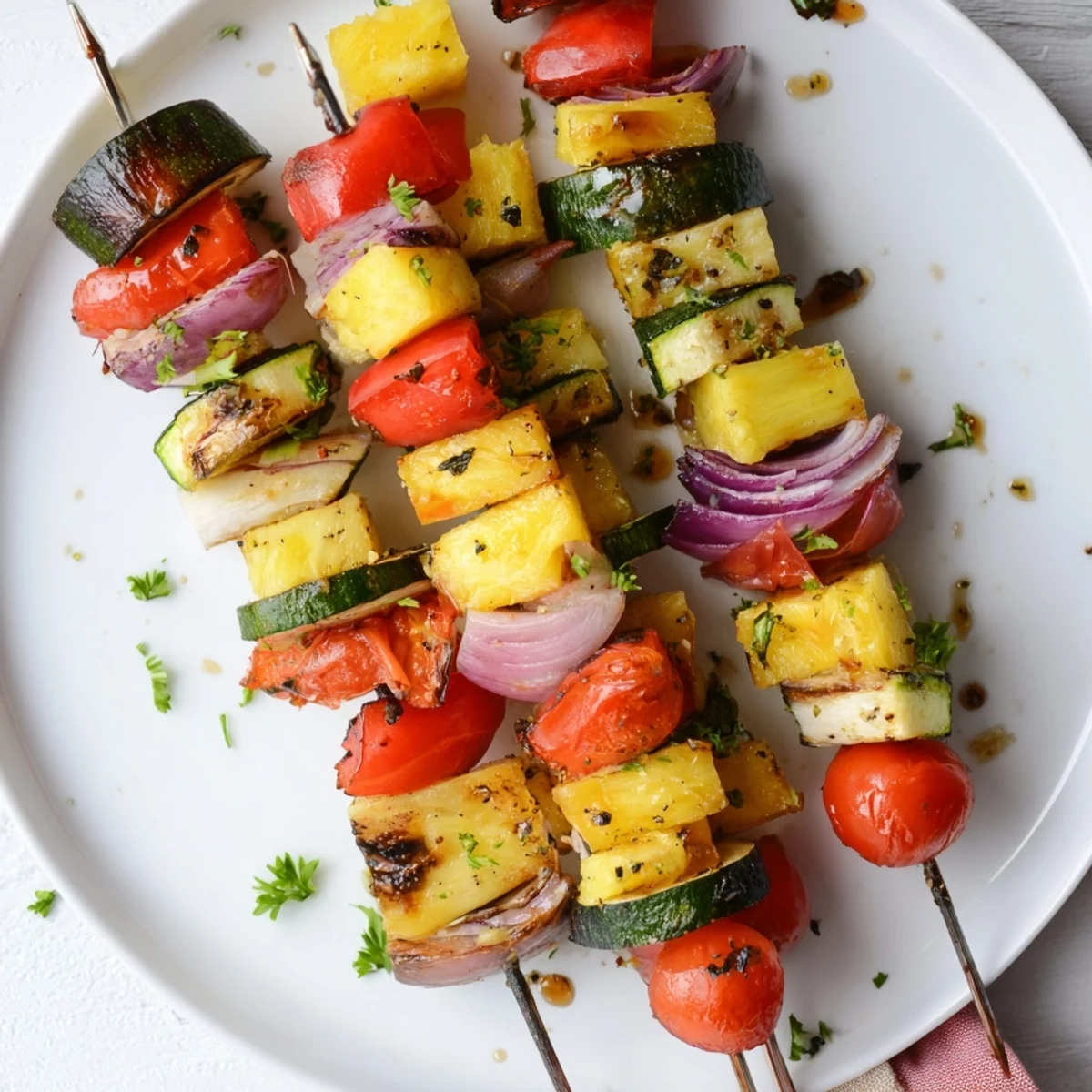 Smoky-grilled Pineapple Vegetable Skewers alternating pineapple and veggies, vibrant summer side.