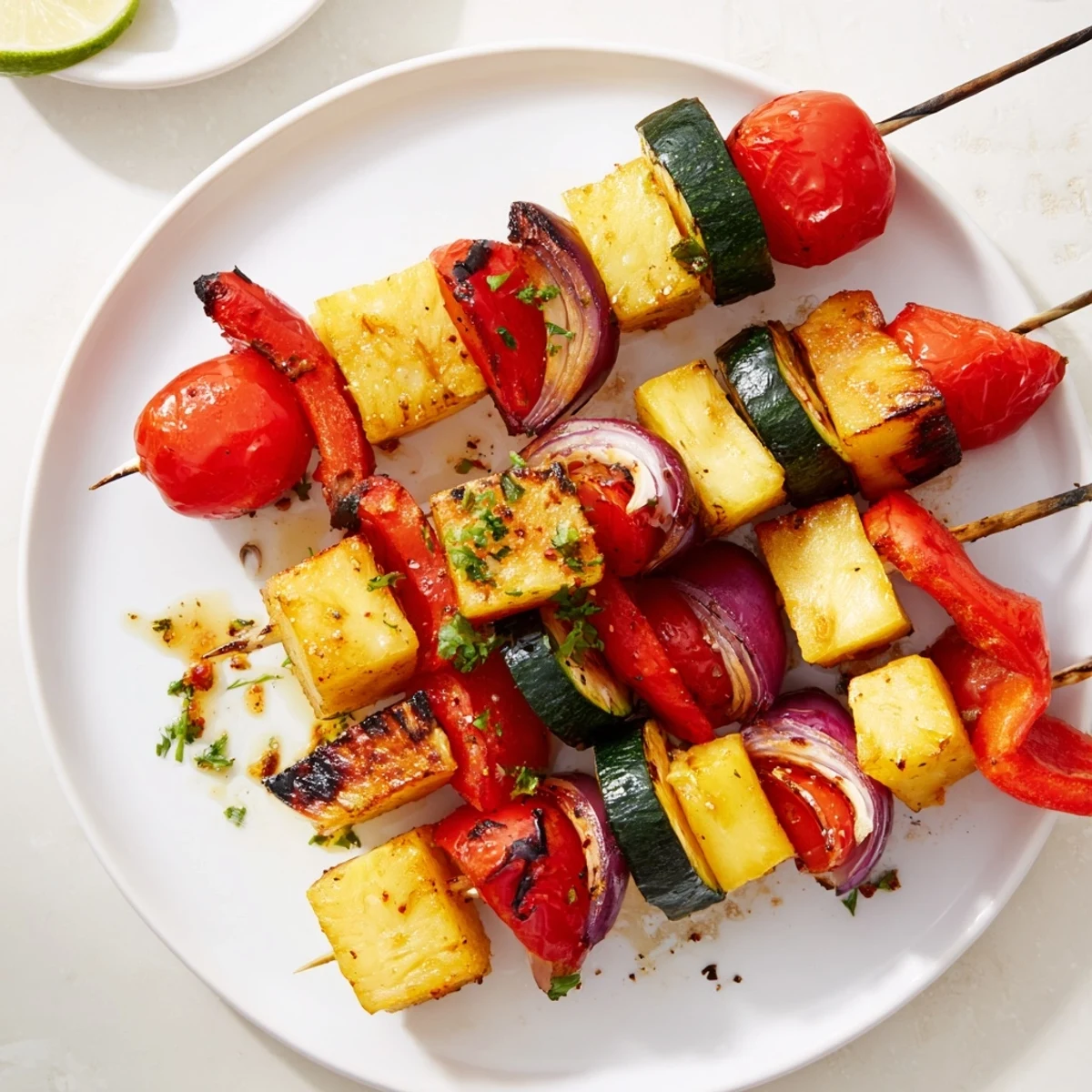 Pineapple Vegetable Skewers resting on a plate, drizzled with maple-balsamic glaze.