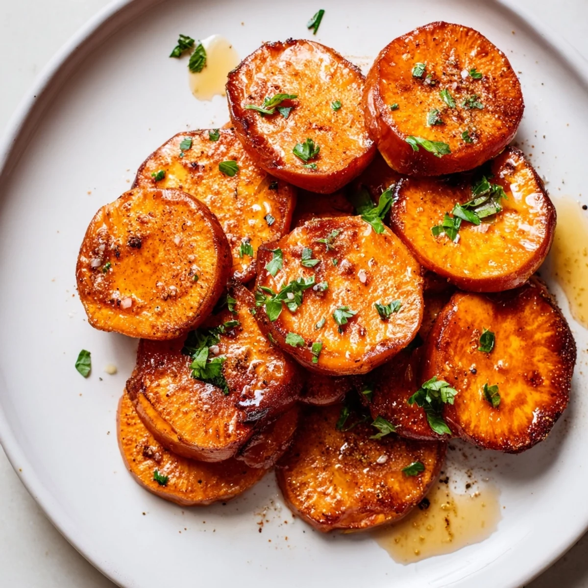 Honey Drizzled Roasted Sweet Potato Medallions glistening golden, warm, fragrant with cinnamon  