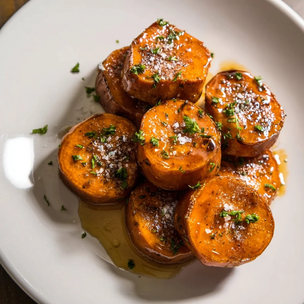 Warm Honey Drizzled Roasted Sweet Potato Medallions on a platter, parsley garnish  