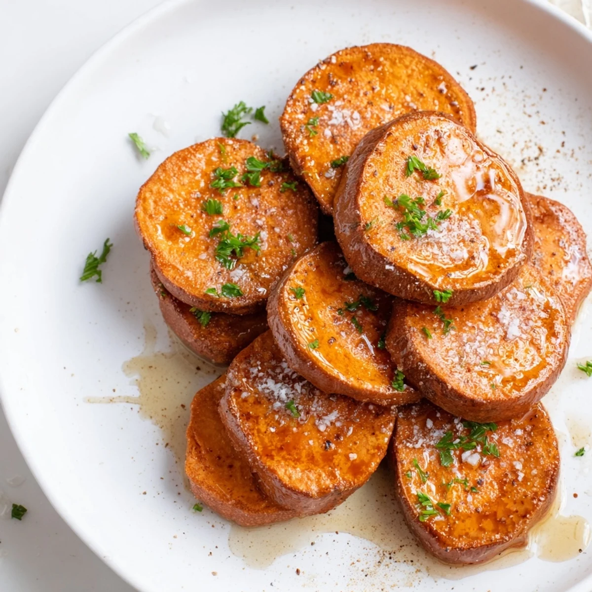 Crispy edges on Honey Drizzled Roasted Sweet Potato Medallions, tender centers