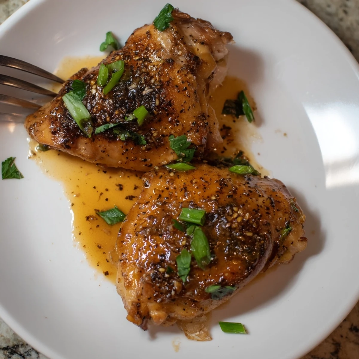 Sweet And Sticky Honey Butter Chicken Thighs glazed, golden and bubbling in skillet