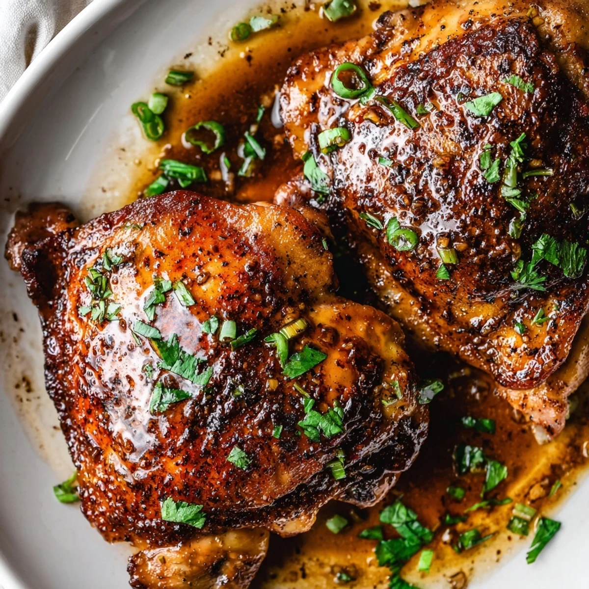 Sweet And Sticky Honey Butter Chicken Thighs oven-roasted, caramelized edges, garnished with chopped parsley