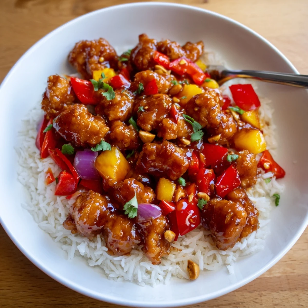 Tropical Sweet And Spicy Chicken Rice Delight with caramelized pineapple and cilantro.