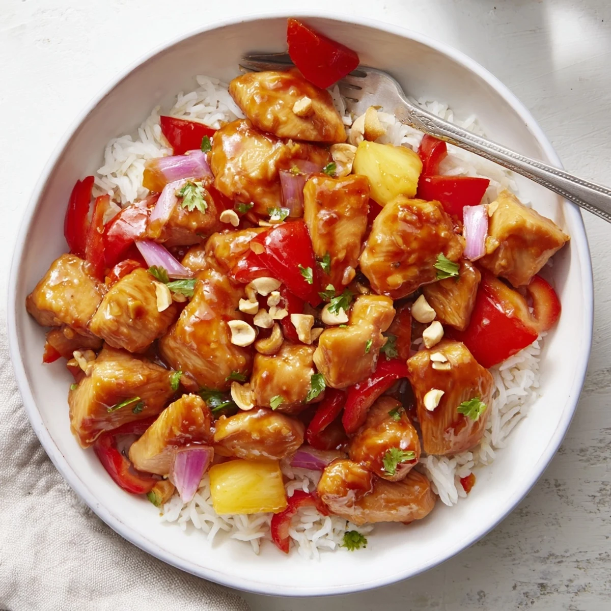 Tropical Sweet And Spicy Chicken Rice Delight plated over fluffy long-grain rice, garnished.