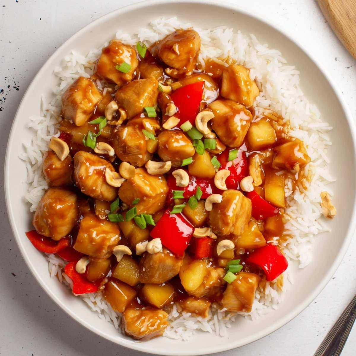 Tropical Sweet And Spicy Chicken Rice Delight wok-tossed with mango, spicy glaze, toasted cashews.