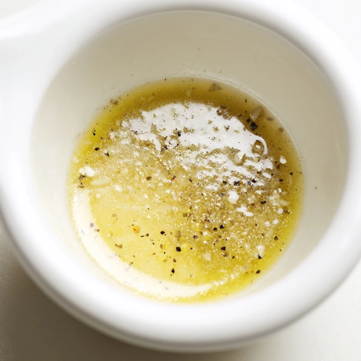 Small glass jar of Dijon Vinaigrette Recipe with whisk, glossy emulsified sheen