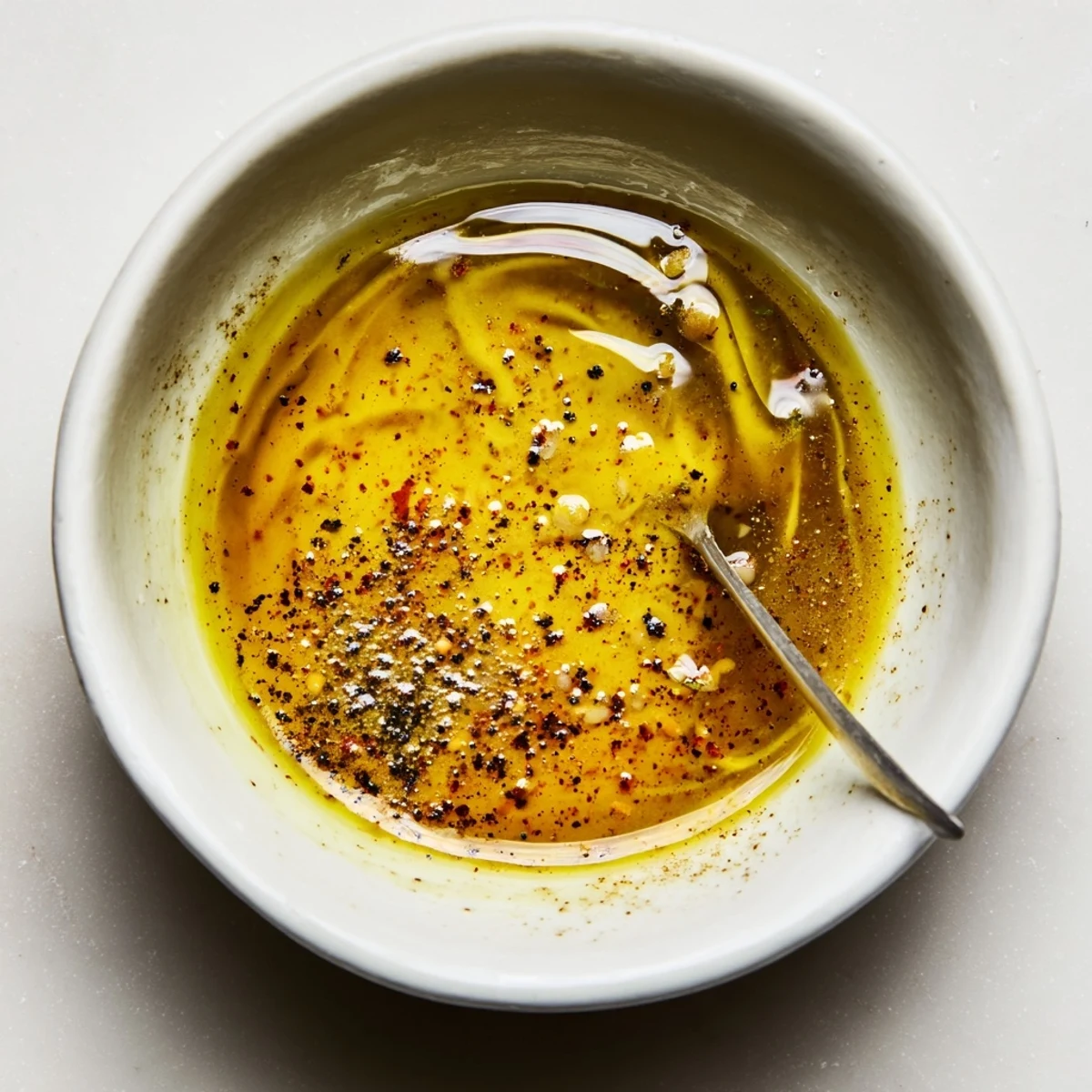 Glistening jar of Honey Mustard Vinaigrette next to crisp mixed greens